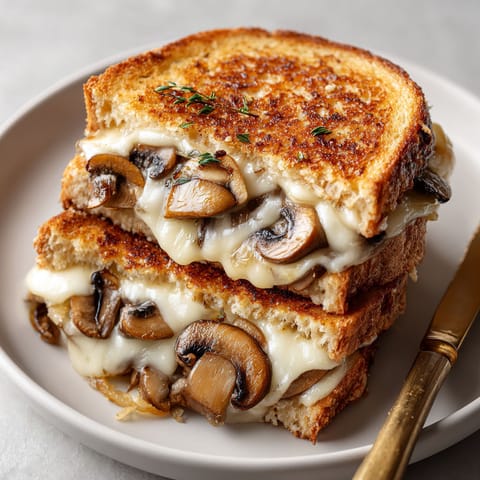 A sandwich with mushrooms and cheese.