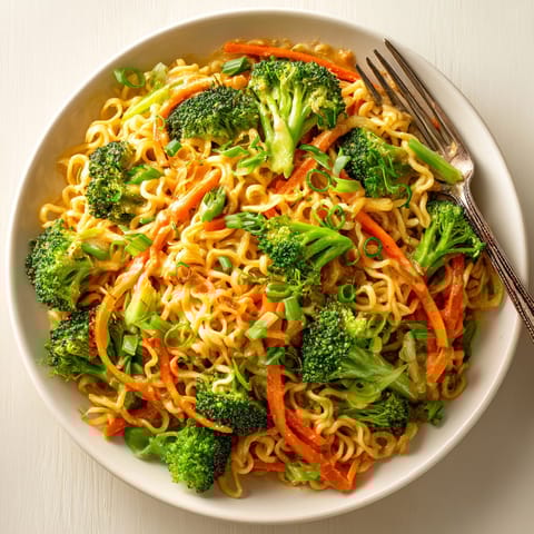A plate of noodles with broccoli and carrots.