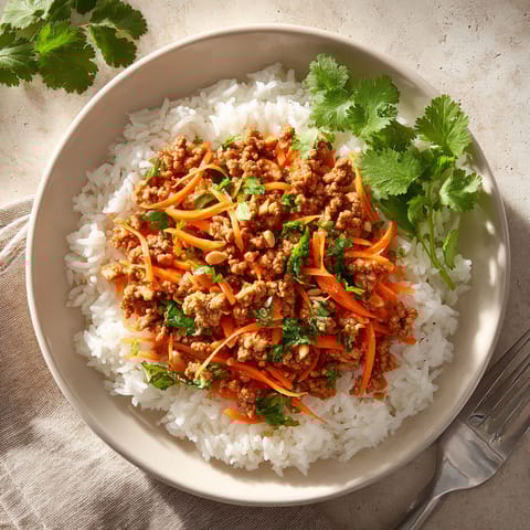 A bowl of rice with meat and vegetables.
