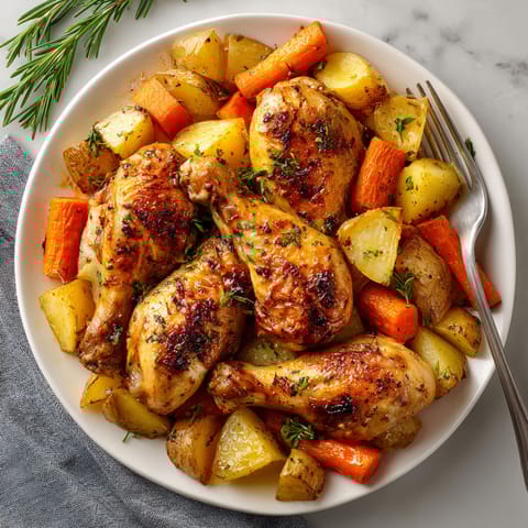 A plate of food with chicken, potatoes, and carrots.