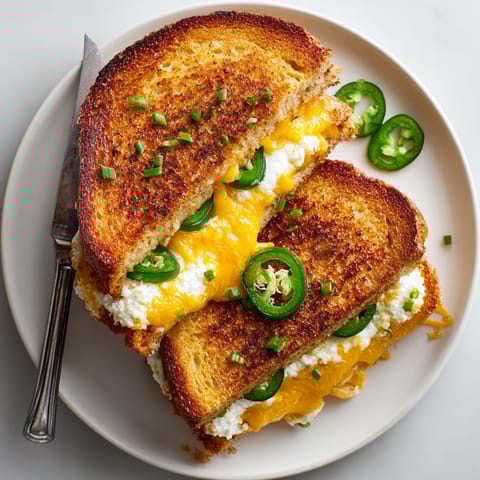 A sandwich with jalapenos and cheese on a plate.