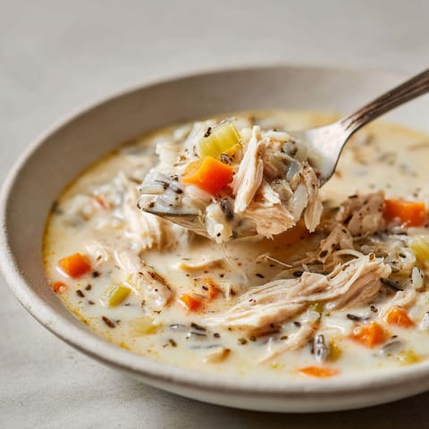 A bowl of creamy chicken and wild rice soup.