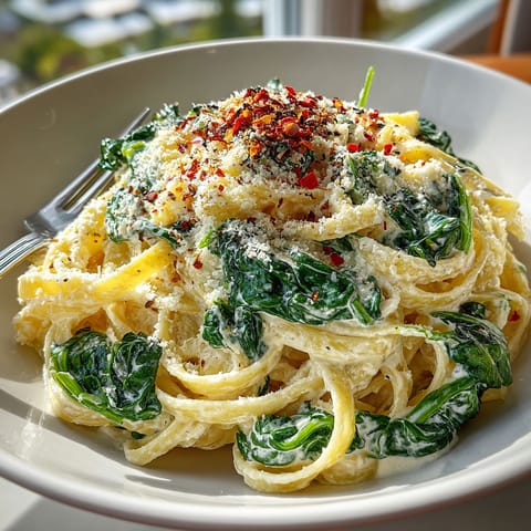 A plate of pasta with spinach and cheese.
