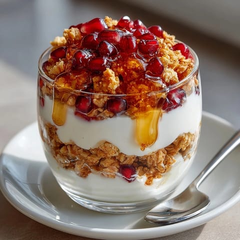Close-up of a creamy Greek Yogurt Parfait with Pomegranate & Granola and fresh berries.