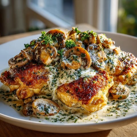 Golden brown One-Pan Creamy Mushroom Chicken simmering in a rich, savory sauce for dinner