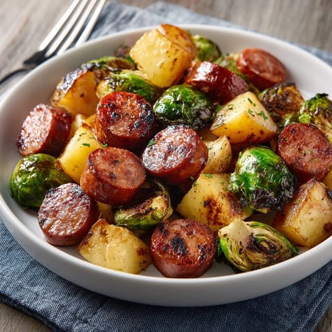 Juicy sausages nestled among crispy potatoes and Brussels sprouts on a sheet pan.