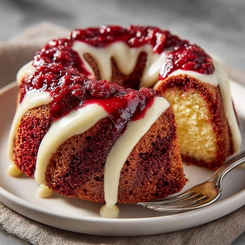 Homemade Vampire Blood Red Velvet Bundt Cake, cooling slightly, glazed and ready for Halloween.
