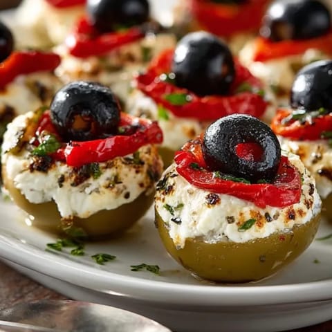 Ghoulish Eyeball Stuffed Olives recipe, vivid red pepper irises peeking creepily from green olives.