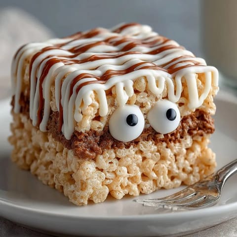 Homemade Mummy Rice Krispie Treats recipe ready for Halloween parties, stacked on a plate.