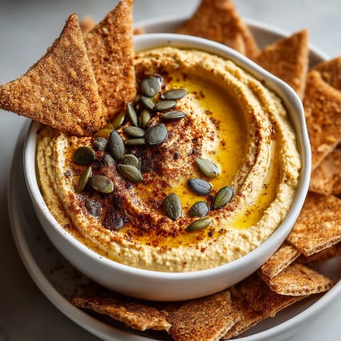 Homemade Pumpkin Spice Hummus: a festive and flavorful dip with spooky bat chips.