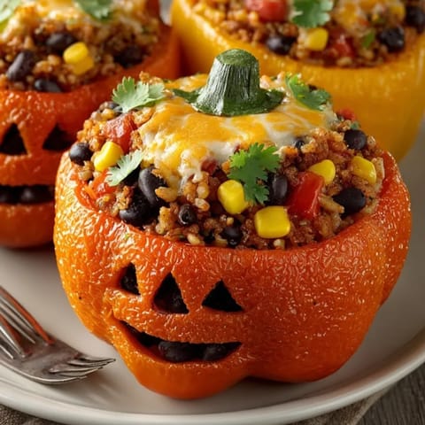 Savory, baked Black Bean Stuffed Peppers: Orange bell peppers filled with a hearty mixture.