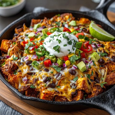 Oven-baked Sweet Potato Nacho Skillet: a flavorful, gluten-free vegetarian Tex-Mex delight, ready in under an hour.
