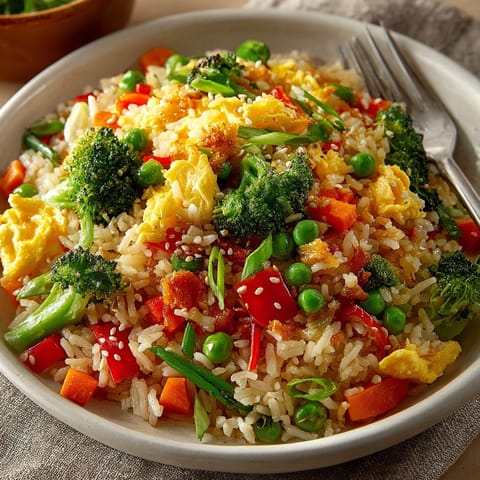 Close-up view of colorful 10-Minute Veggie Fried Rice, steaming, with sesame seed garnish.