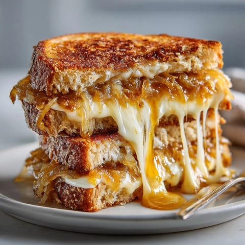 Imagine the crusty sourdough of this French Onion Grilled Cheese ready to serve.