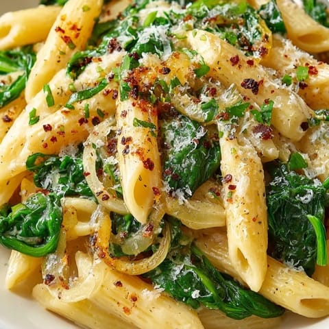 Spoonful of Creamy Spinach Pasta showing vibrant green spinach and grated parmesan on top.