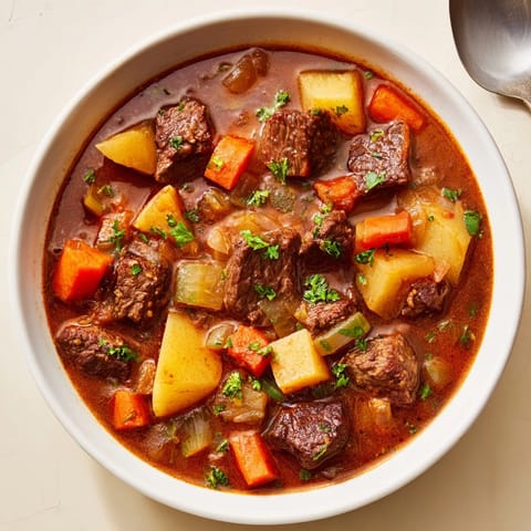 A steaming bowl of Smoky Beef Stew beckons, garnished with parsley, ready to enjoy.