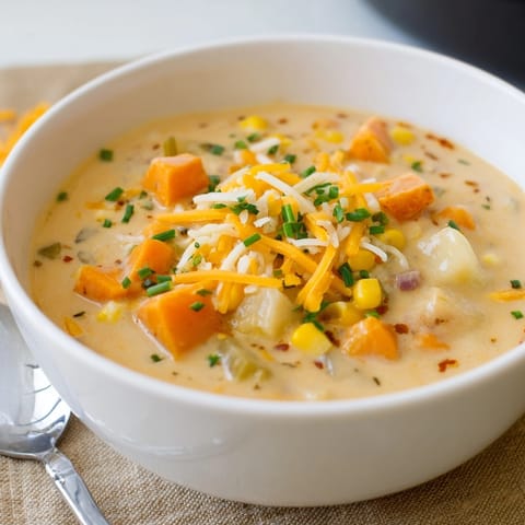 Delicious homemade Sweet Potato Corn Chowder, ready to serve in a rustic bowl.
