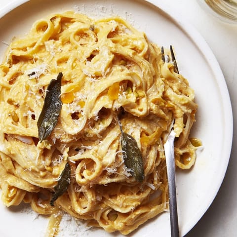 A comforting serving of Festive Pumpkin Pasta with Sage Brown Butter—rich, aromatic, and delicious.