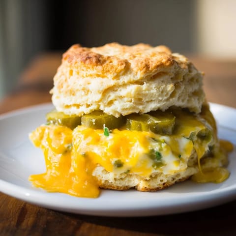 Golden biscuits filled with gooey cheese and tangy pickles, perfect for any meal.  