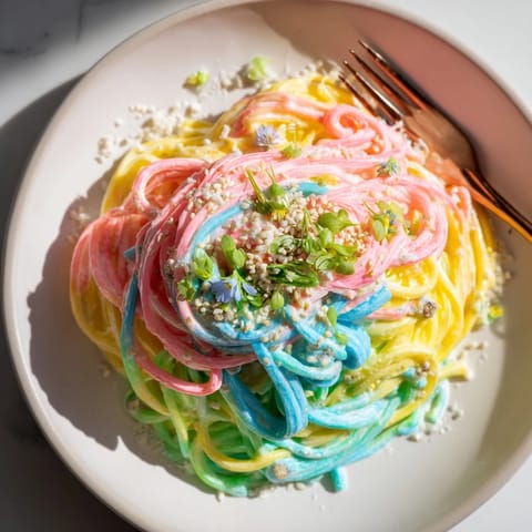 Delightful Neon Noodle Cloud dish featuring pastel noodles in rich, cloud-like sauce for kids.  
