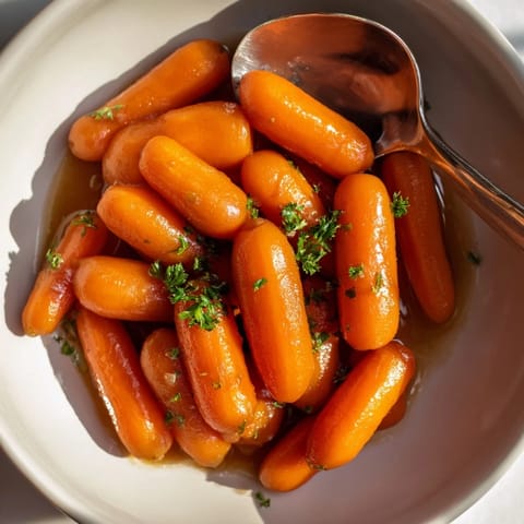 Glossy baby carrots drizzled with a rich bourbon-maple glaze, perfect for pairing.  