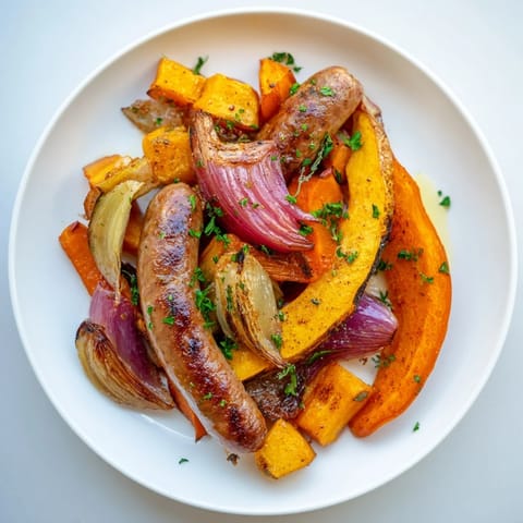 Vibrant autumn colors of sheet pan roasted sausage with tender squash, and roasted root vegetables.