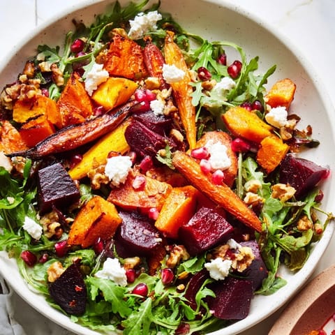 Freshly assembled Seasonal Root Vegetable & Goat Cheese Salad, showcasing colorful root vegetables and creamy goat cheese.