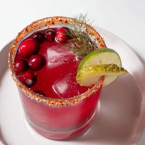 This tangy DIY cranberry-pickle margarita features a gorgeous, spiced rim, and crisp pickle spears.