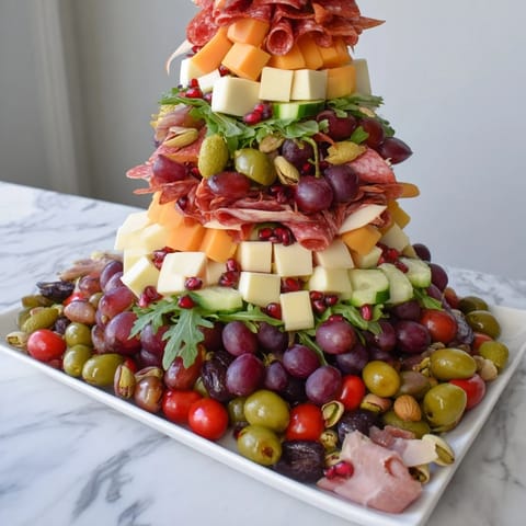 Imagine a beautifully arranged Festive Charcuterie Tree, overflowing with flavorful cheeses and cured meats for everyone to enjoy.