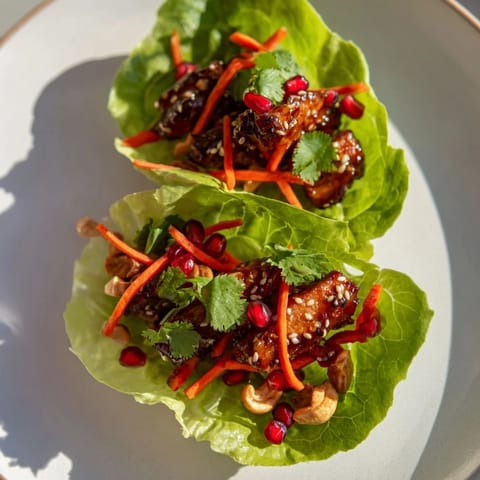 Close-up of savory Korean BBQ Chicken Lettuce Wraps served in crisp lettuce cups, a holiday appetizer.