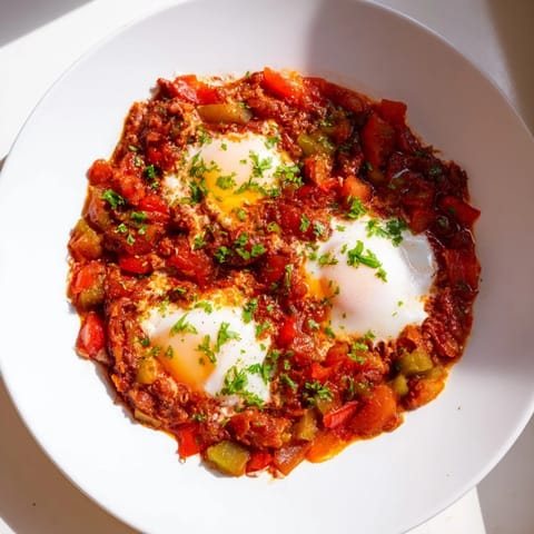 Fragrant shakshuka, featuring perfectly cooked eggs, ready to be scooped up with crusty bread.