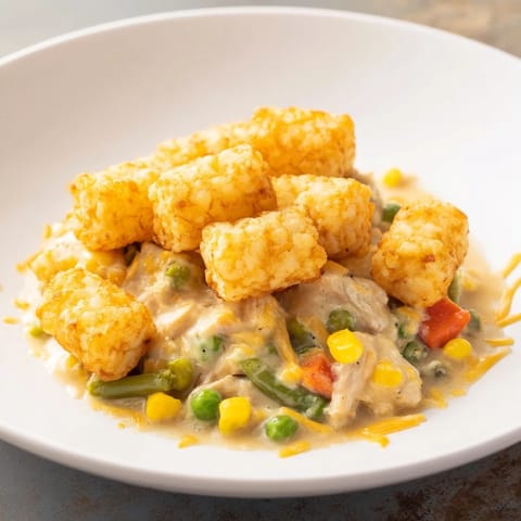 Hearty Tater Tot Chicken Pot Pie, a comforting dish with tender chicken and veggies under tots.