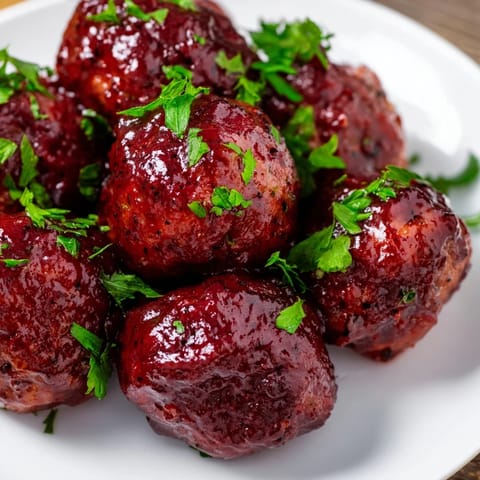 Glossy cherry BBQ sauce coats tender meatballs, a delicious slow cooker recipe for easy entertaining.