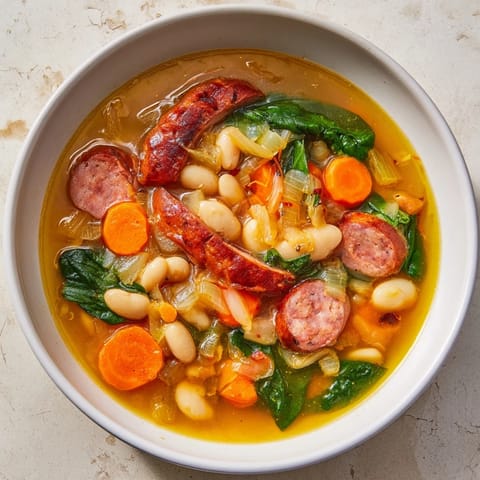 This warm and inviting Simple Sausage and White Bean Soup shows off tender vegetables and savory sausage.