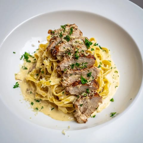 Sizzling, golden-brown Cajun chicken tops a mountain of flavorful Alfredo fettuccine pasta in this picture.