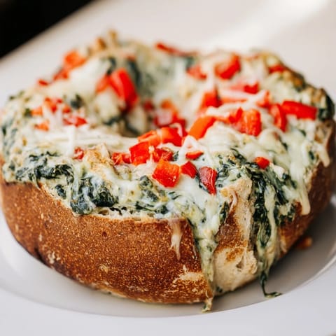 A close-up of a creamy Express Holiday Spinach Dip with vibrant red pepper garnish, ready to serve.