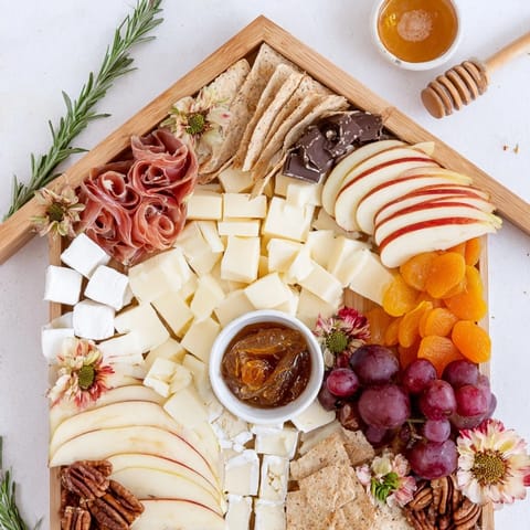 Delectable Sweet Home Charcuterie Board, featuring fresh fruits, cheeses, and candied pecans in a festive arrangement.
