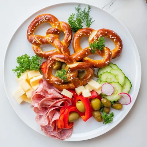 A close-up of a Bretzel Arbre de Vie party platter with warm, salted, soft pretzels.