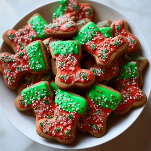 Festive Christmas Boot-Shaped Delights, freshly baked with golden edges, decorated with colorful sprinkles and icing.