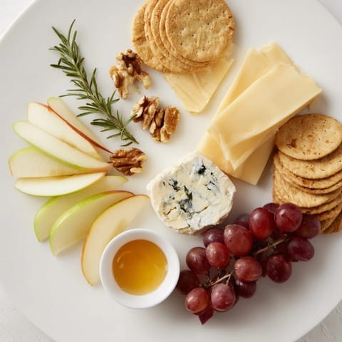 Explore the flavors: a classic cheese plate with grapes, apple slices, and various cheese types.