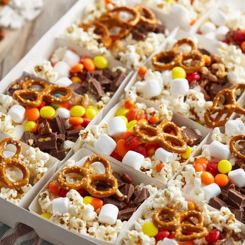 A visually appealing Movie Night popcorn box treat display, featuring pretzels, candies, and classic popcorn.