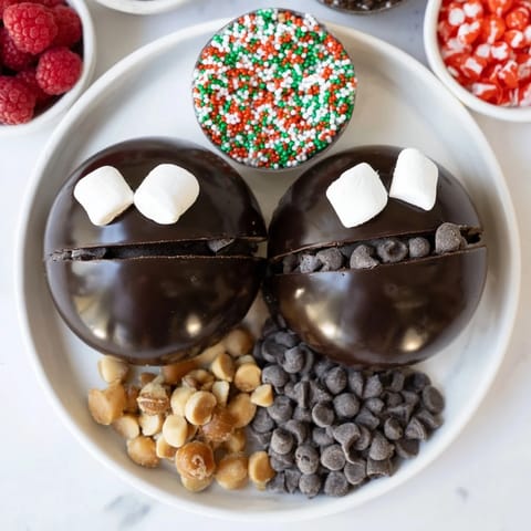 A mug overflowing with rich hot cocoa, topped with sprinkles and a delicious hot cocoa bomb.