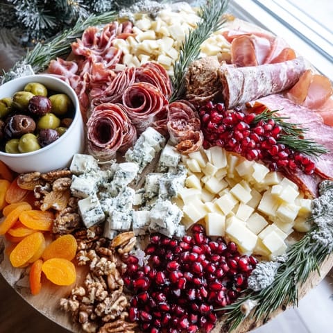 This festive Winter Forest charcuterie board offers a delicious variety of gourmet meats and cheeses.