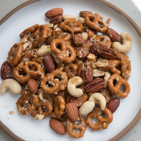 A close-up of buttery Salted Caramel Pretzels and Nuts coated in a delicious golden layer.