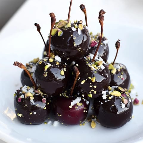 Chocolate-covered cherry dessert bites in a pyramid, a luscious dessert treat with dark chocolate and cherries.