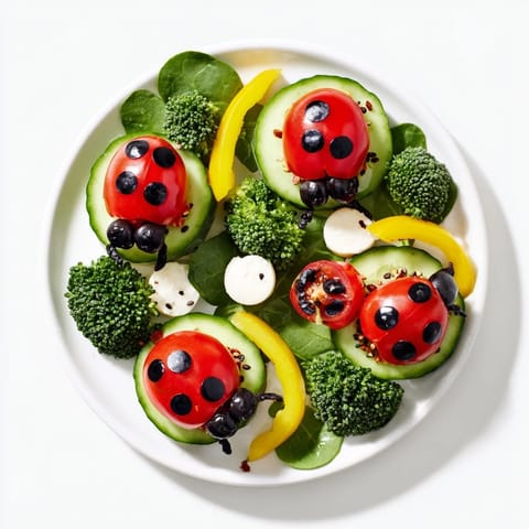 Fresh Ladybug Garden Platter featuring colorful vegetables, mozzarella, and balsamic glaze, ready to serve.