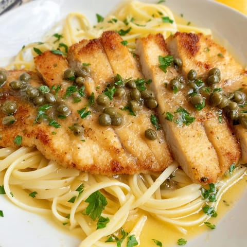 Golden-brown Quick Chicken Piccata Pasta featuring a creamy sauce, perfectly cooked and plated ready to enjoy.