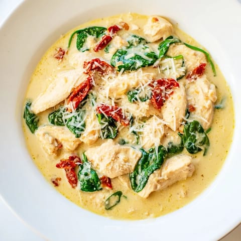 A skillet brimming with delicious Creamy Tuscan Chicken, featuring sun-dried tomatoes and spinach.