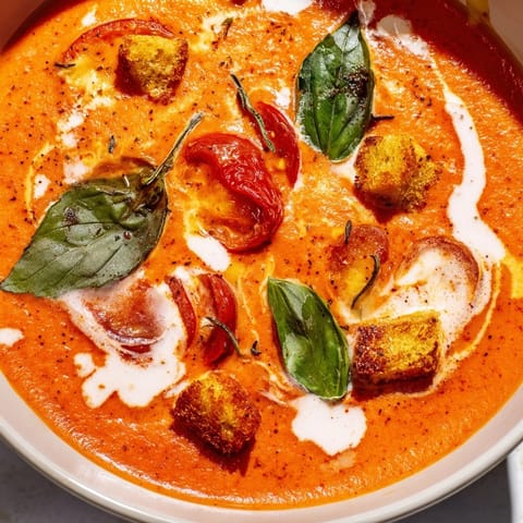 Rich, homemade Creamy Roasted Garlic Tomato Soup, offering a symphony of tomato and garlic flavors.