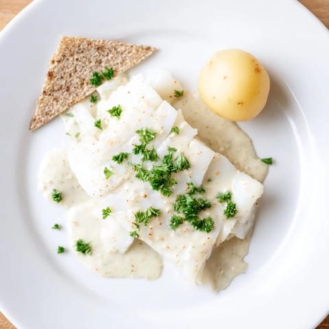 Golden baked Norwegian Lutefisk, gently pulled apart with a fork, ready to be enjoyed.
